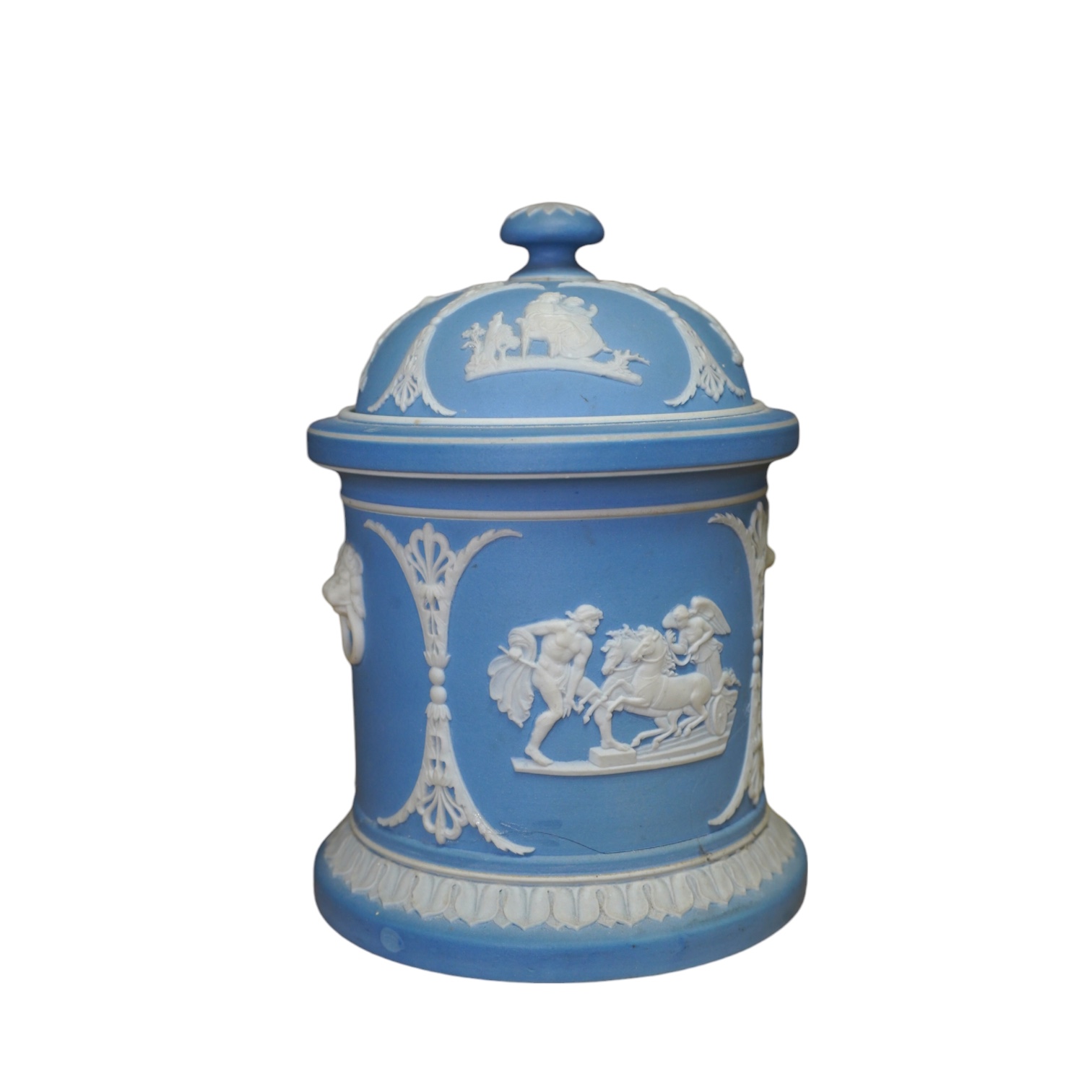 A Wedgwood jasperware tobacco jar, 17cm high. Condition - poor